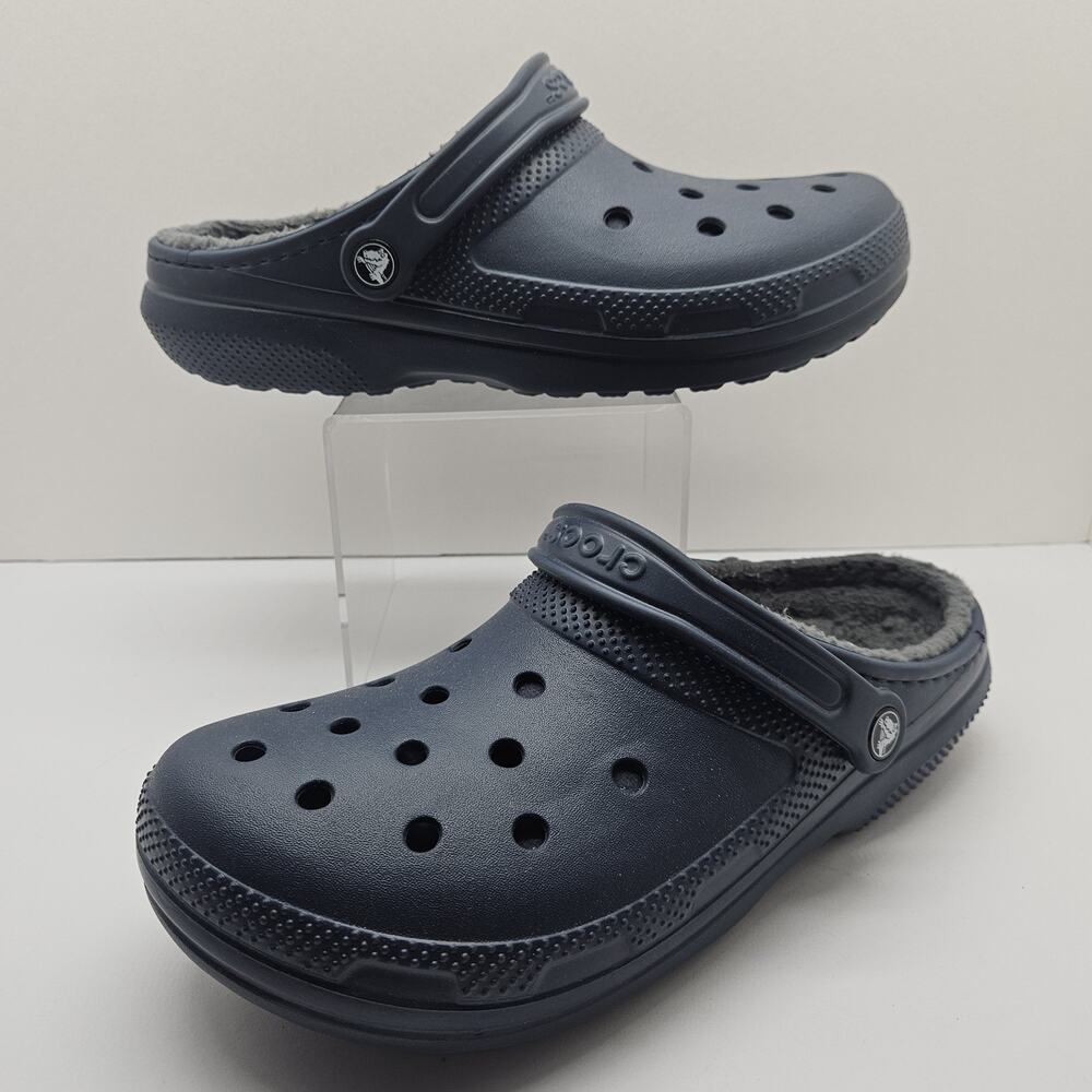 Crocs M9 W11 Gray/Blue Faux Fur Lined Slip On Classic Clogs Shoes 203591